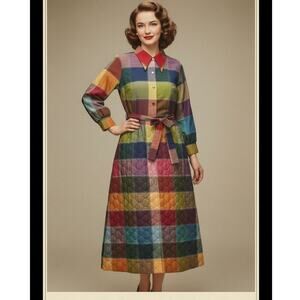 Penneys Loungewear 1970s Rainbow Patchwork Plaid Quilted House Dress
